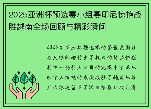 2025亚洲杯预选赛小组赛印尼惊艳战胜越南全场回顾与精彩瞬间 2025亚洲杯预选赛小组赛印尼惊艳战胜越南全场回顾与精彩瞬间